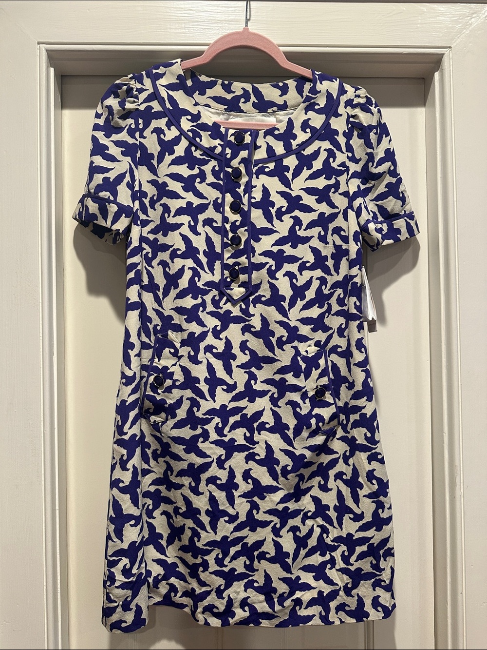 leifsdottir Navy and White Bird-Print Mini Dress